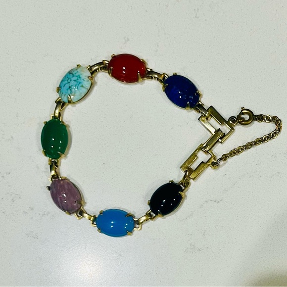 Vintage 1940s Gold-Filled Multi-Glass Cabochon Link Bracelet w/ Safety Chain - Picture 10 of 11